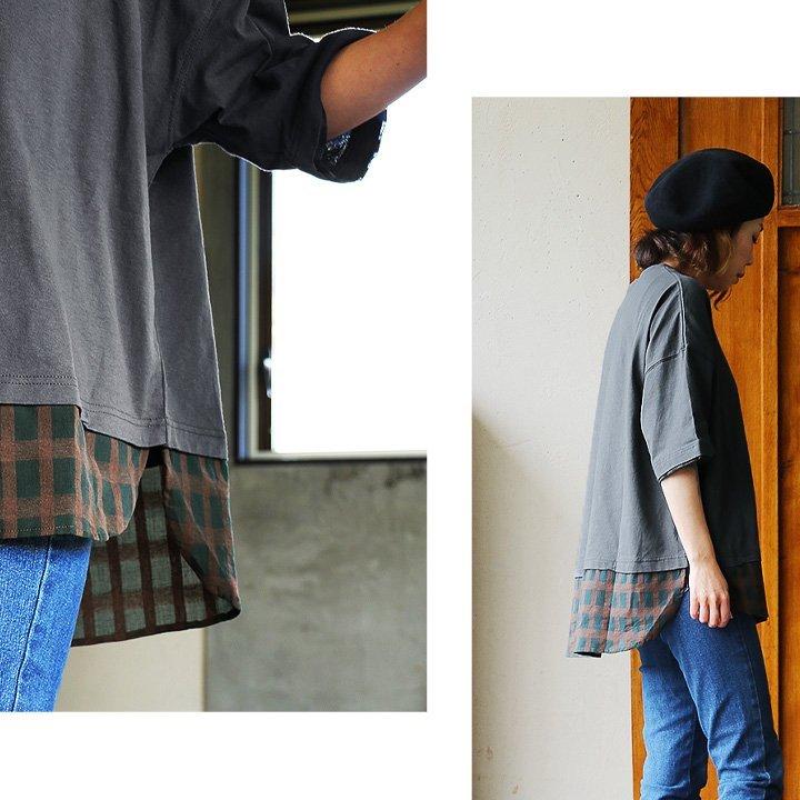 Tシャツ 半袖 レディース お尻が隠れる 無地 チェック柄 チャコール 綿100 通気性 薄手 重ね着風 着痩せ 大きいサイズ Souple R Paty 通販 Yahoo ショッピング