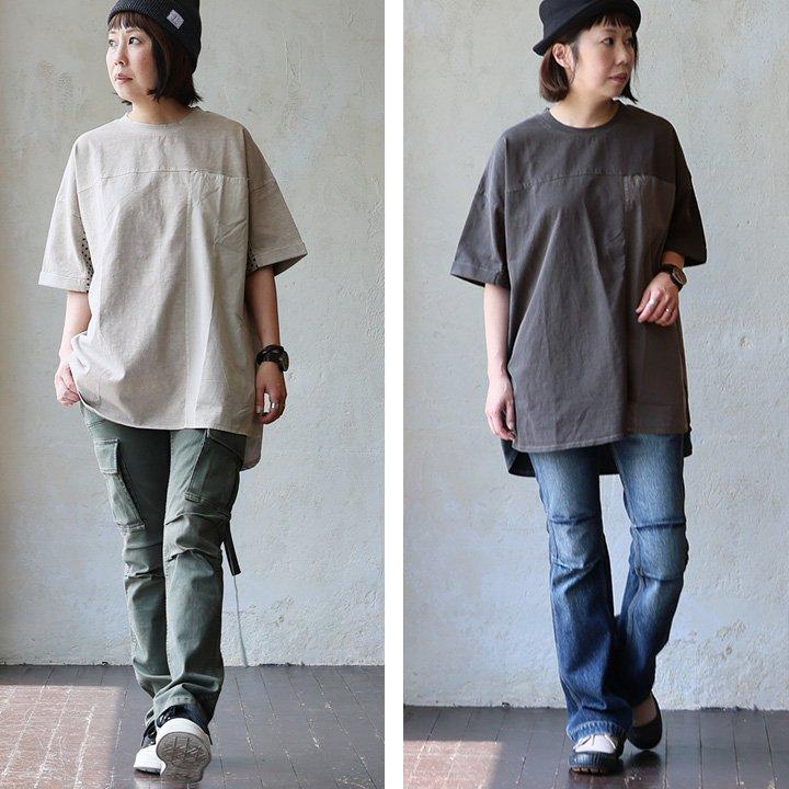 五分袖 チュニック レディース 着痩せ 綿100％ コットン 異素材切替 ロングTシャツ ゆったり 大きいサイズ バックボタン ドット OAR’S オールズ (メール便50) | PATY | 16