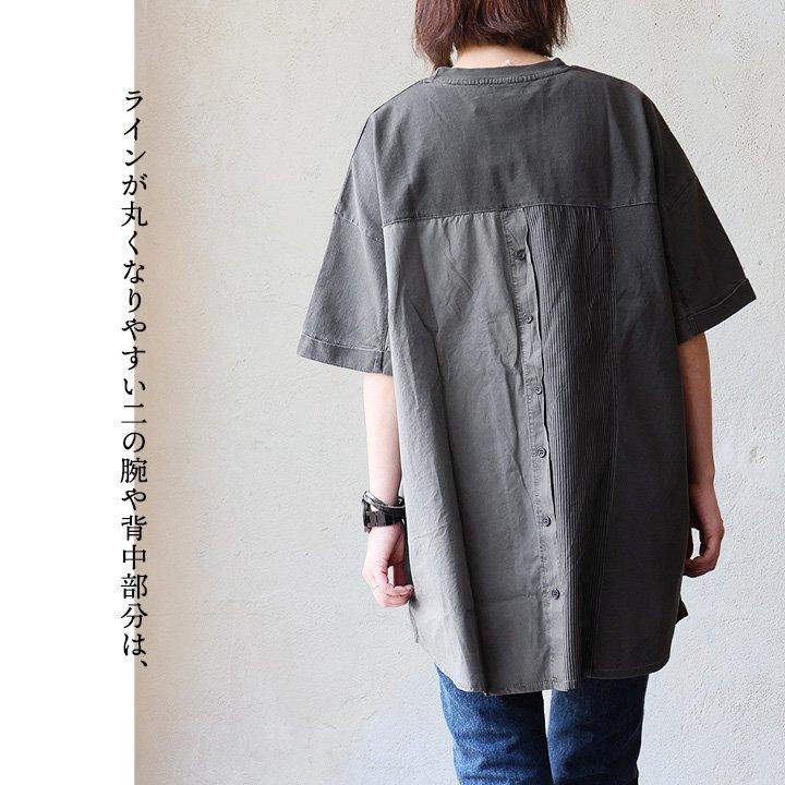 五分袖 チュニック レディース 着痩せ 綿100％ コットン 異素材切替 ロングTシャツ ゆったり 大きいサイズ バックボタン ドット OAR’S オールズ (メール便50) | PATY | 08