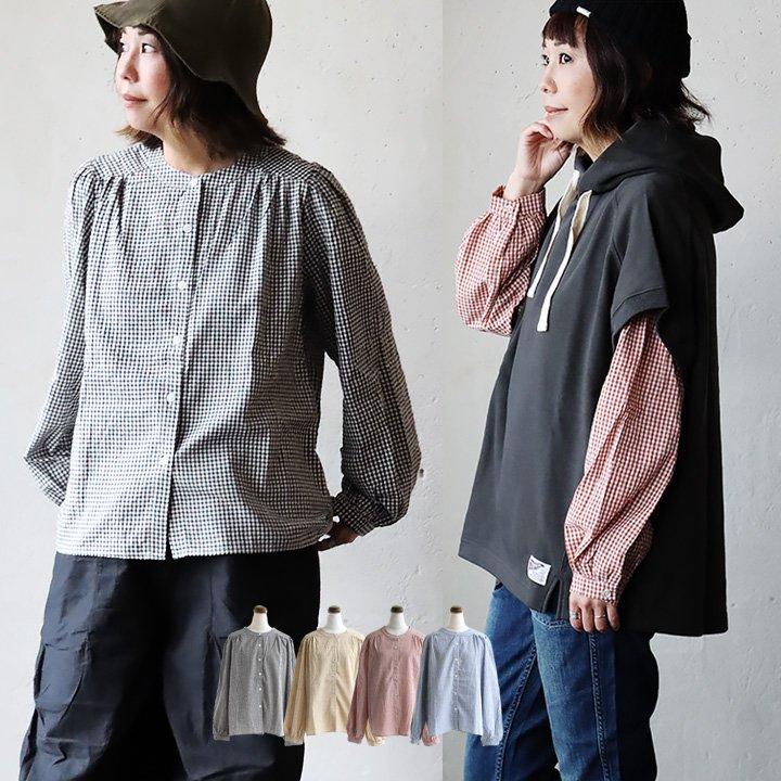 プルオーバーシャツ ノーカラー シャツ 長袖 レディース 着痩せ ギンガムチェック 綿100％ コットン 薄手 体型カバー カジュアル | PATY