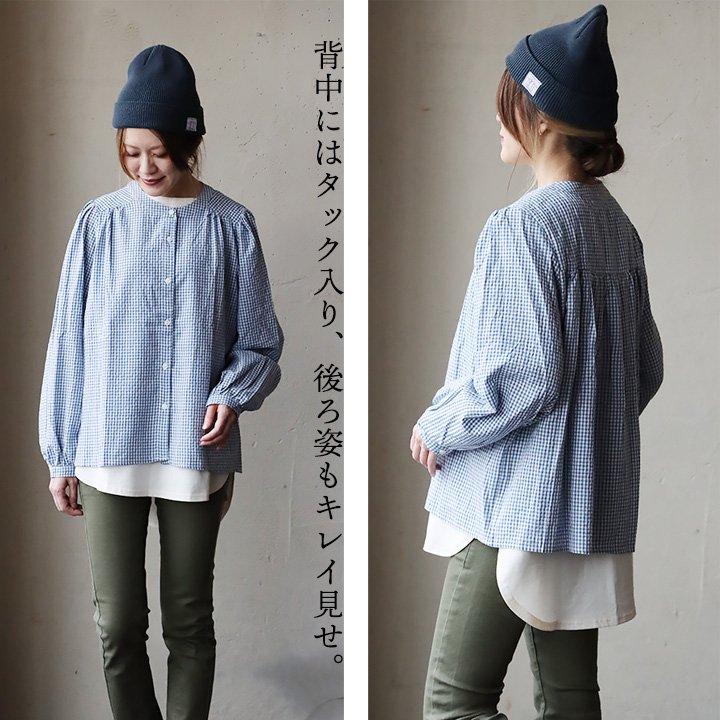 プルオーバーシャツ ノーカラー シャツ 長袖 レディース 着痩せ ギンガムチェック 綿100％ コットン 薄手 体型カバー カジュアル | PATY | 12