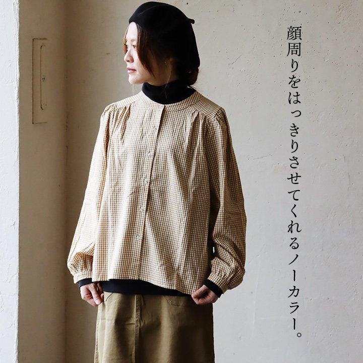 プルオーバーシャツ ノーカラー シャツ 長袖 レディース 着痩せ ギンガムチェック 綿100％ コットン 薄手 体型カバー カジュアル | PATY | 13