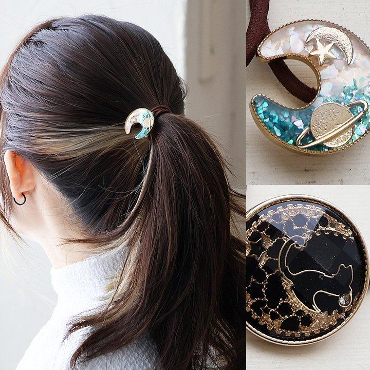 ヘアゴム ヘアブレス ブレスレット ヘア アクセサリー 髪飾り レディース レジン 黒猫 月 星 ドーム型 (メール便01) | PATY
