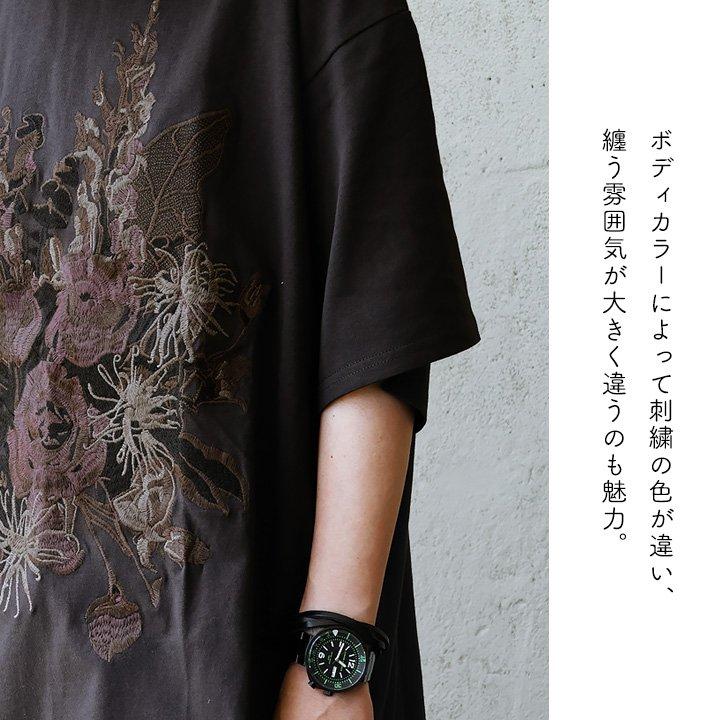 PATY Tシャツ 5分袖 レディース クルーネック 花 刺繍 夏 綿100