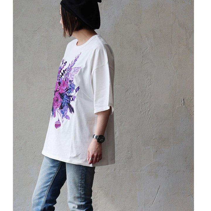 PATY Tシャツ 5分袖 レディース クルーネック 花 刺繍 夏 綿100