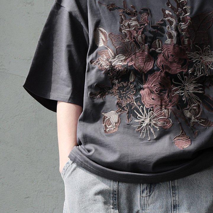 PATY Tシャツ 5分袖 レディース クルーネック 花 刺繍 夏 綿100