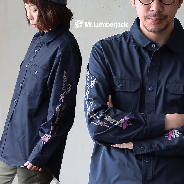 シャツ ワークシャツ 長袖 メンズ レディース CPO 袖プリント ネコ ねこ 猫 T/Cブロード ポケット カジュアル ワーク Mr.Lumberjack ミスターランバージャック | PATY