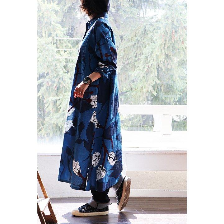 ワンピース ワンピ 長袖 レディース ロング丈 前開き ボタニカル柄 手 染 綿100 コットン 薄手 通気性 軽い パティ CALINER カリネ | PATY | 12