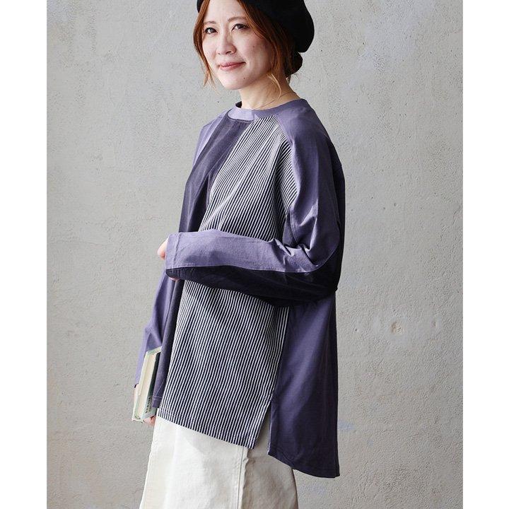 カットソー プルオーバー 長袖 レディース クルーネック 着痩せ お尻隠れる 配色 異素材切り替え 綿100％ コットン 天竺 | PATY | 18