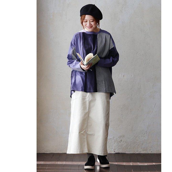 カットソー プルオーバー 長袖 レディース クルーネック 着痩せ お尻隠れる 配色 異素材切り替え 綿100％ コットン 天竺 | PATY | 19