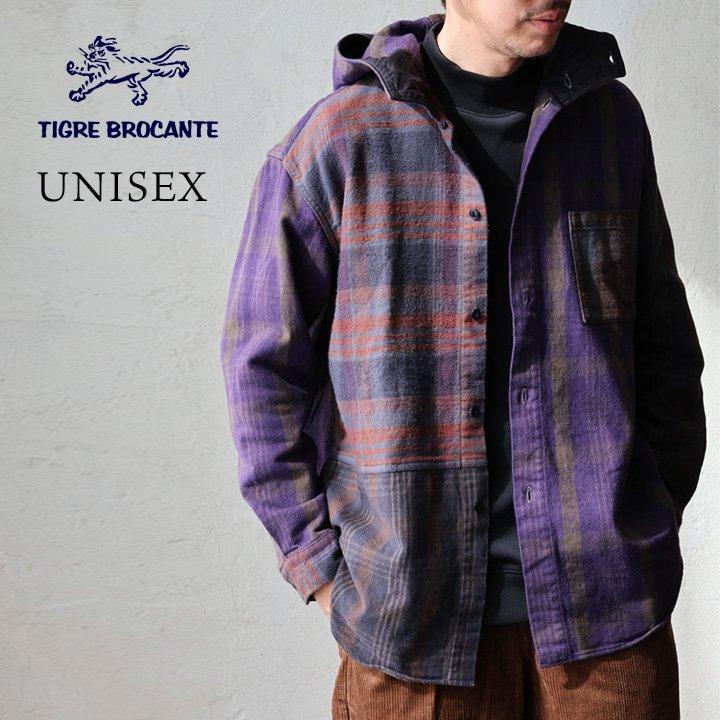 TIGRE BROCANTE ティグルブロカンテ シャツ 長袖 シャツパーカー メンズ レディース フーディ チェック柄 クレイジー 配色 綿100 コットン フランネル 日本製 | PATY