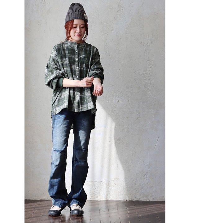 シャツ 長袖 レディース 袖リブ すっきり 着痩せ バンドカラー チェック柄 マドラスチェック 綿100 コットン スラブ 薄手 軽い 伸縮性 パティ | PATY | 08