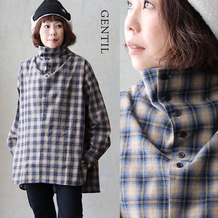 PATY シャツ 長袖 レディース ハイネック 変形ネック チェック柄