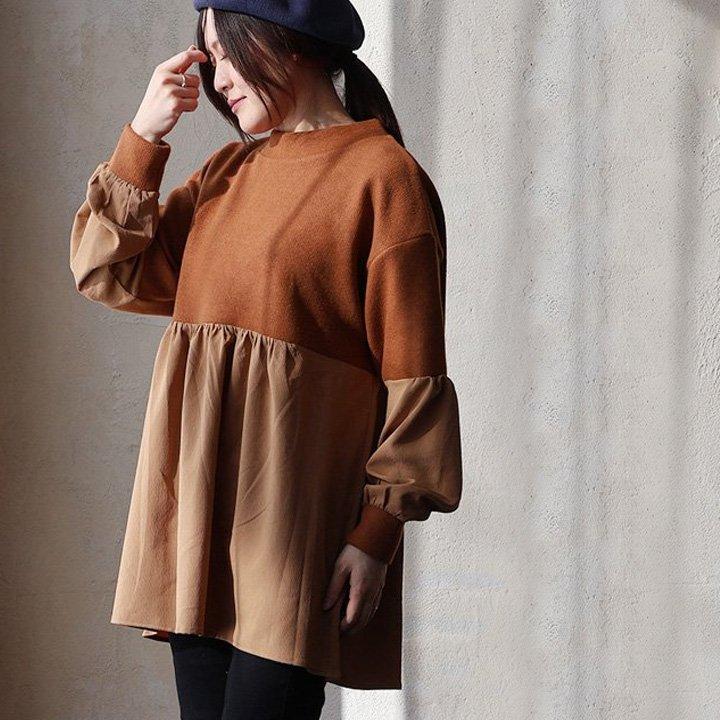 PATY チュニック 長袖 レディース 着痩せ お尻隠れる 異素材切り替え