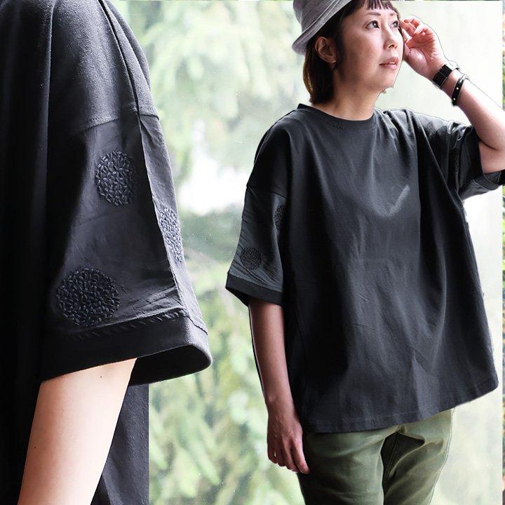 PATY Tシャツ 5分袖 レディース ボートネック 袖切り替え 刺繍 綿100