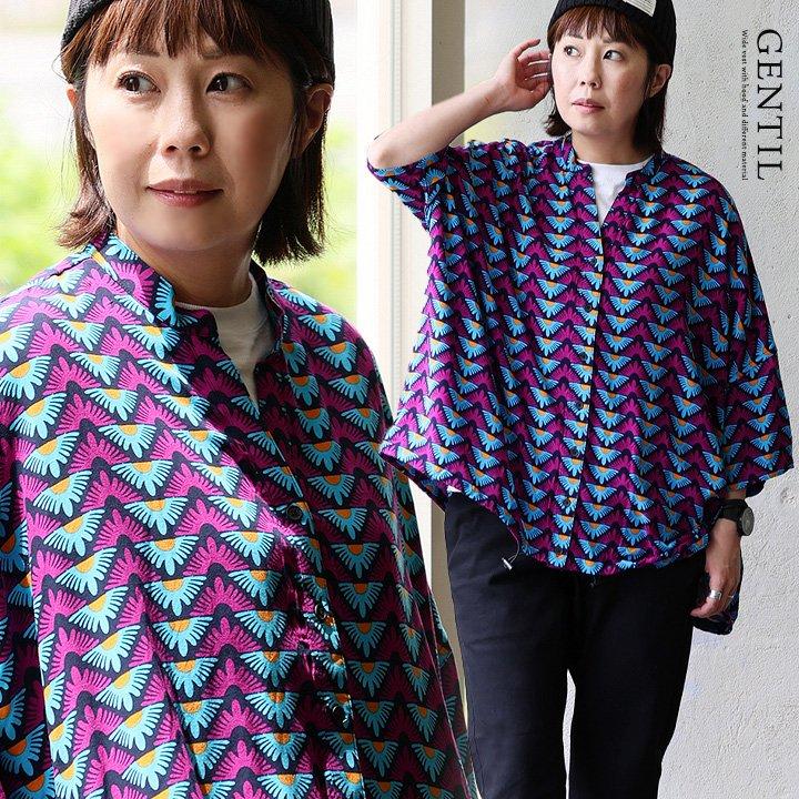 PATY シャツ 5分袖 レディース バンドカラー キーネック 総柄 