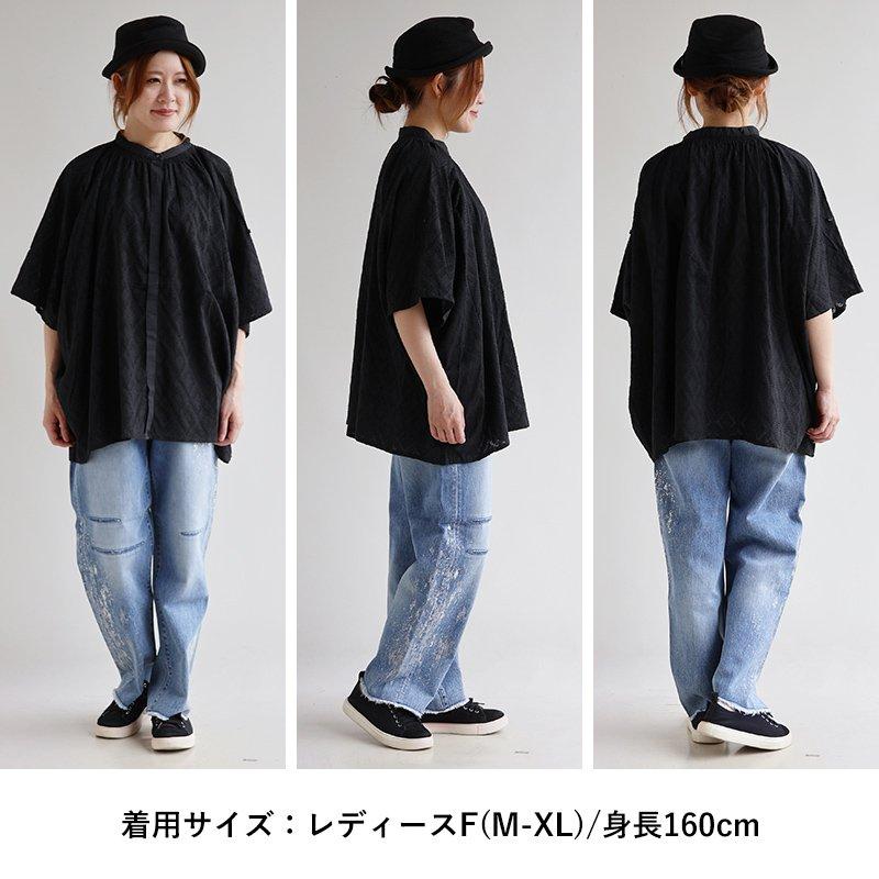 シャツ 5分袖 レディース バンドカラー 袖2WAY レース 刺繍 ダイヤ柄 ジャガード 綿100 コットン 薄手 軽い 通気性 ドルマン 体型カバー パティ (メール便50) | PATY | 15