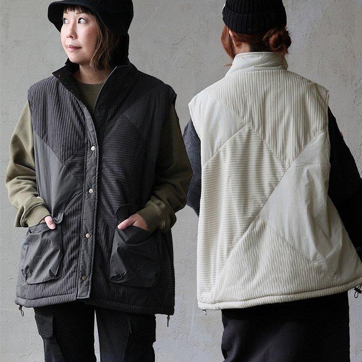 ベスト レディース スタンドネック 重ね着 ナイロン コーデュロイ ポリエステル 異素材切り替え 軽い 軽量 中綿 暖かい ゆったり 大きいサイズ カジュアル 秋 冬 パティ PATY ベスト レディース スタンドネック 重ね着 ナイロン コーデュロイ