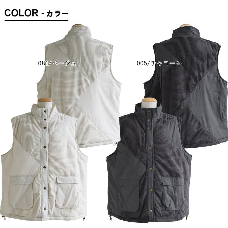 ベスト レディース スタンドネック 重ね着 ナイロン コーデュロイ ポリエステル 異素材切り替え 軽い 軽量 中綿 暖かい ゆったり 大きいサイズ カジュアル 秋 冬 パティ PATY ベスト レディース スタンドネック 重ね着 ナイロン コーデュロイ