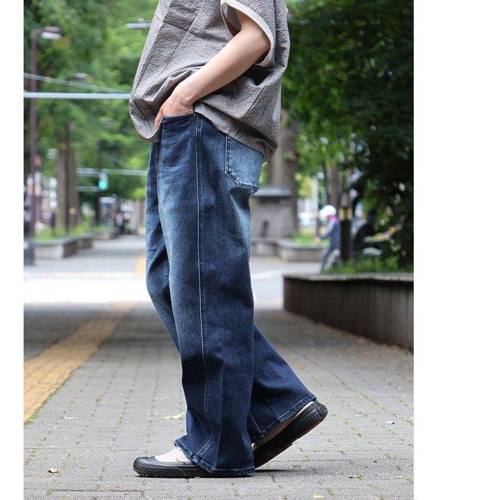 デニム ワイドパンツ コクーン レディース 綿 コットン ストレッチ 伸びる ユーズド ワンウォッシュ ウエストリブ パティ BLUETO ブルート | PATY | 11