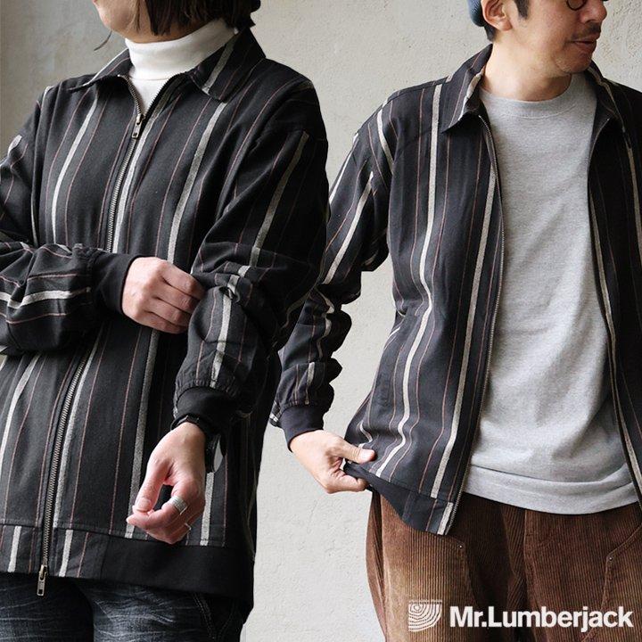 シャツ ブルゾン 袖リブ メンズ レディース 長袖 コットン 綿100% 薄手 ダブルジップ ワイド ストライプ ポケット Mr.Lumberjack ミスターランバージャック | PATY