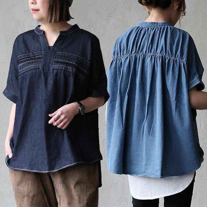 KAPITAL デニムプリーツ　半袖シャツ　XS PATY シャツ デニム 半袖 レディース プルオーバー スキッパーネック