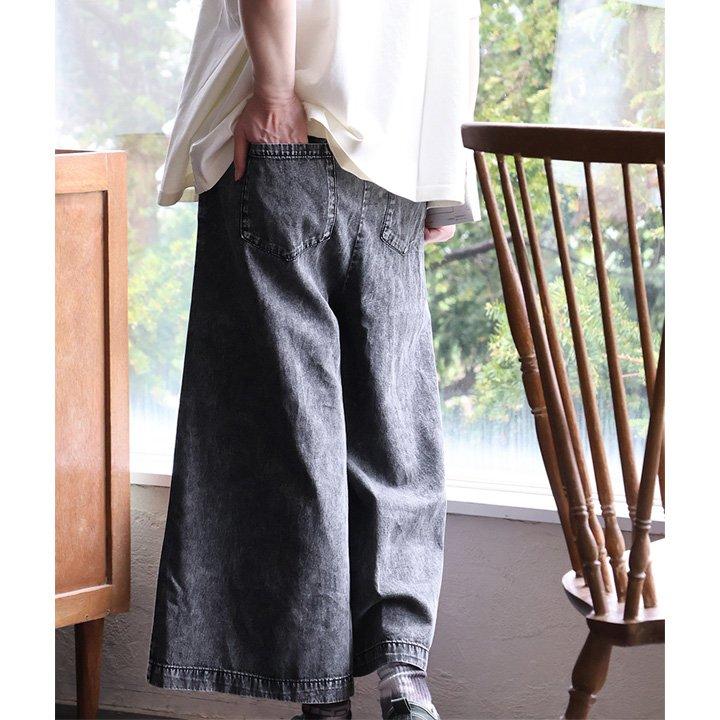 ガウチョパンツ ワイド フレア レディース ケミカルウォッシュ 褪せ色 綿100 コットン 薄手 ウエストゴム 体型カバー パティの画像