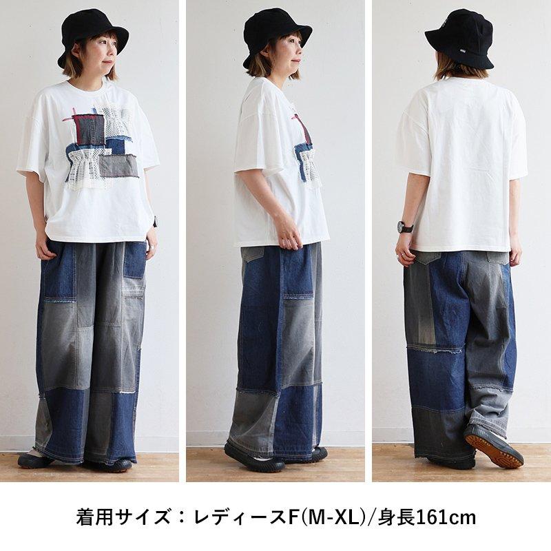 デニムパンツ ストレート ワイド レディース リメイク風 パッチワーク 配色切り替え アシンメトリー ウエストゴム コットン 綿100 | PATY | 17