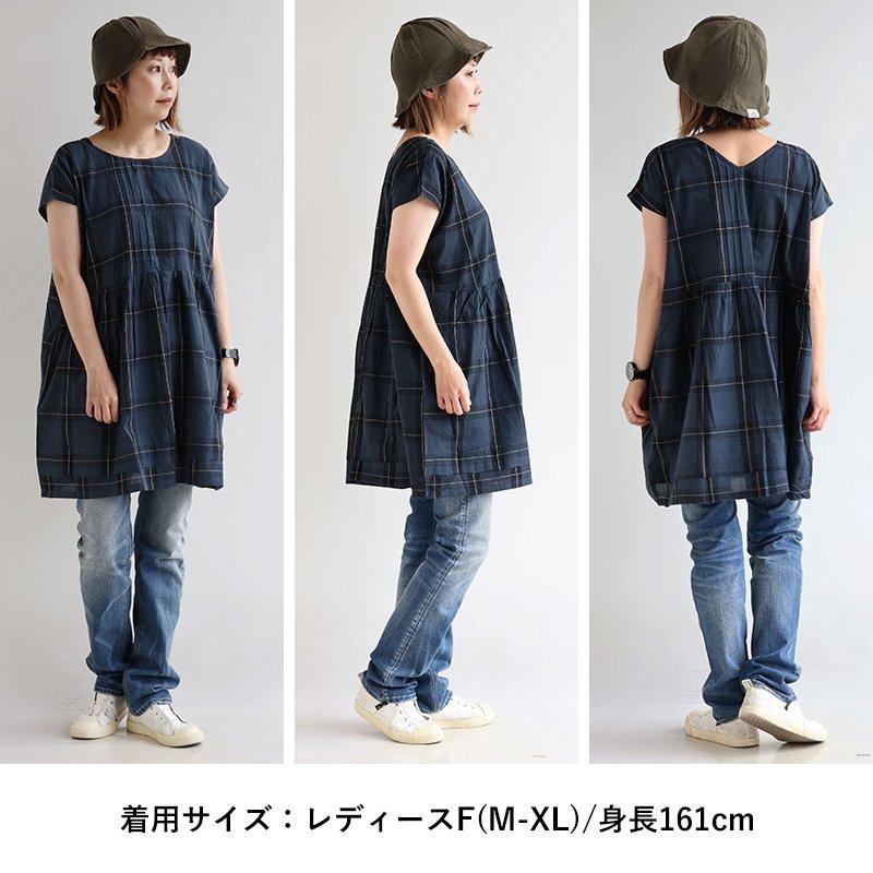 リボン付きチェック柄半袖チュニック42(大きめサイズ) PATY チュニック 半袖 レディース チェック柄 大判チェック 薄手 綿100