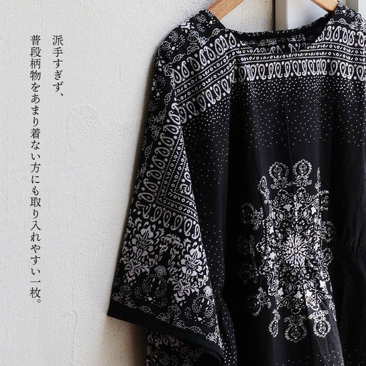 PATY ブラウス 5分袖 レディース クルーネック バンダナ柄 総柄 薄手