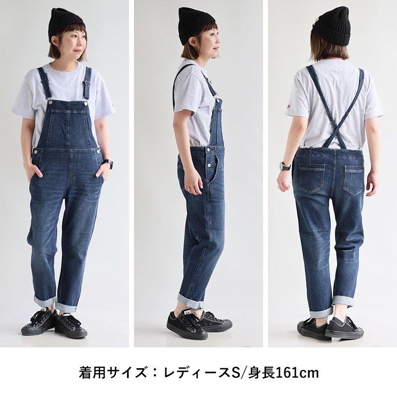 サロペット レディース デニム コットン ストレッチ 動きやすい テーパード 柔らか すっきり 細見え 細ストラップ ロールアップ カジュアル パティ | PATY | 21