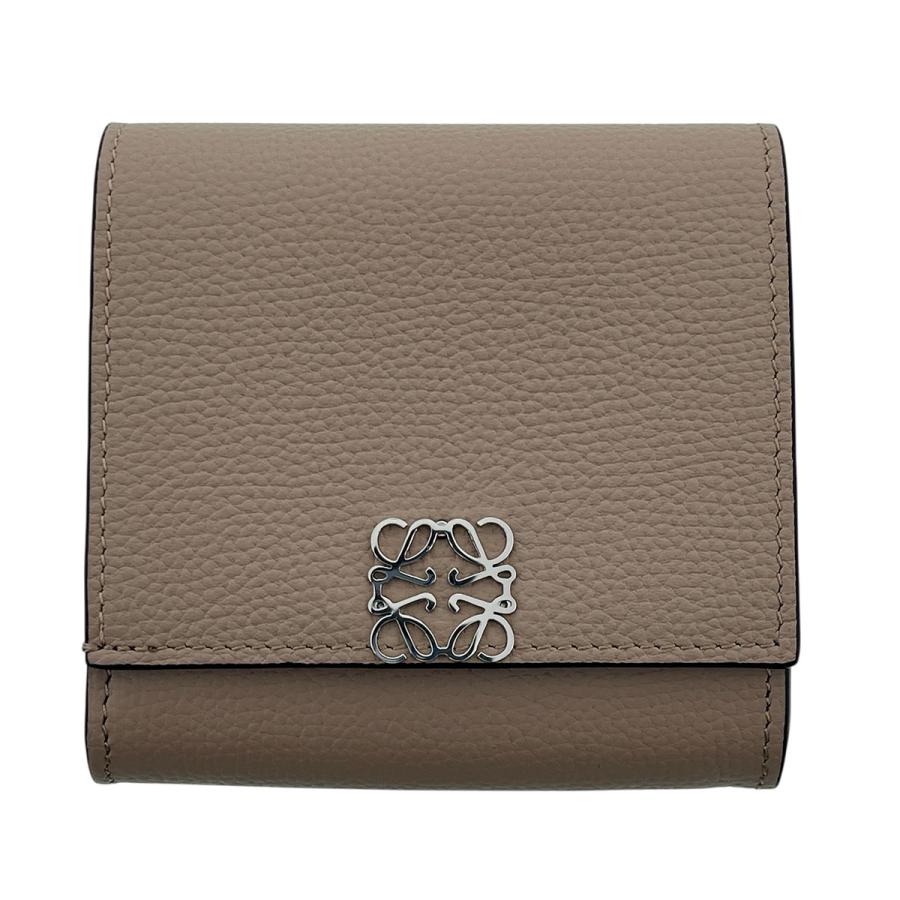 LOEWE ロエベ アナグラム コンパクト フラップウォレット 二つ折り財布 C821L57X01 レザー サンド ベージュ シルバー金具  レディース【中古】 LOEWE（ロエベ） アナグラム コンパクト フラップウォレット 二つ折り
