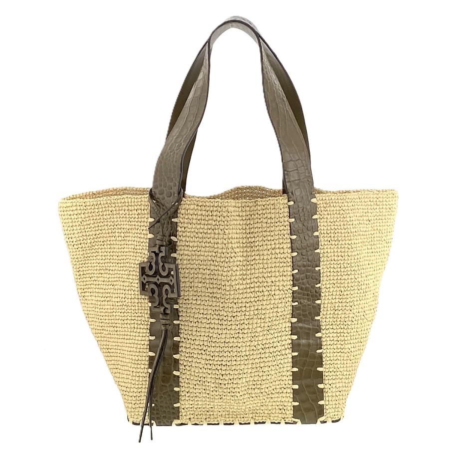 TORY BURCH（トリーバーチ） クロコ型押しレザー ストロー トート 