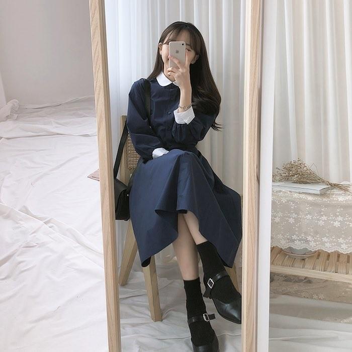 クラシカル 清楚系 丸襟付き 前開き レトロガーリー シャツミディ丈ワンピース 茶 青 紺 長袖 膝下 春夏ワンピ 韓国 バウンドコーデ 4902 パーティードレス Glitter Glamour 通販 Yahoo ショッピング