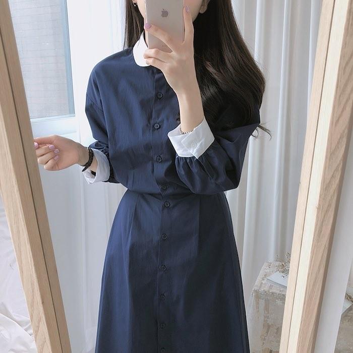 クラシカル 清楚系 丸襟付き 前開き レトロガーリー シャツミディ丈ワンピース 茶 青 紺 長袖 膝下 春夏ワンピ 韓国 バウンドコーデ 4902 パーティードレス Glitter Glamour 通販 Yahoo ショッピング