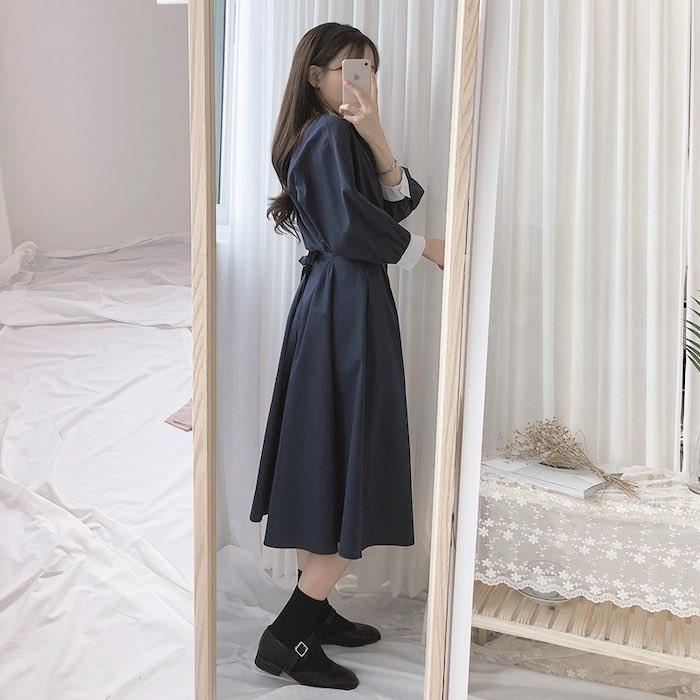 クラシカル 清楚系 丸襟付き 前開き レトロガーリー シャツミディ丈ワンピース 茶 青 紺 長袖 膝下 春夏ワンピ 韓国 バウンドコーデ 4902 パーティードレス Glitter Glamour 通販 Yahoo ショッピング