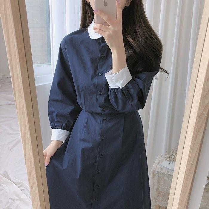 クラシカル 清楚系 丸襟付き 前開き レトロガーリー シャツミディ丈ワンピース 茶 青 紺 長袖 膝下 春夏ワンピ 韓国 バウンドコーデ 4902 パーティードレス Glitter Glamour 通販 Yahoo ショッピング