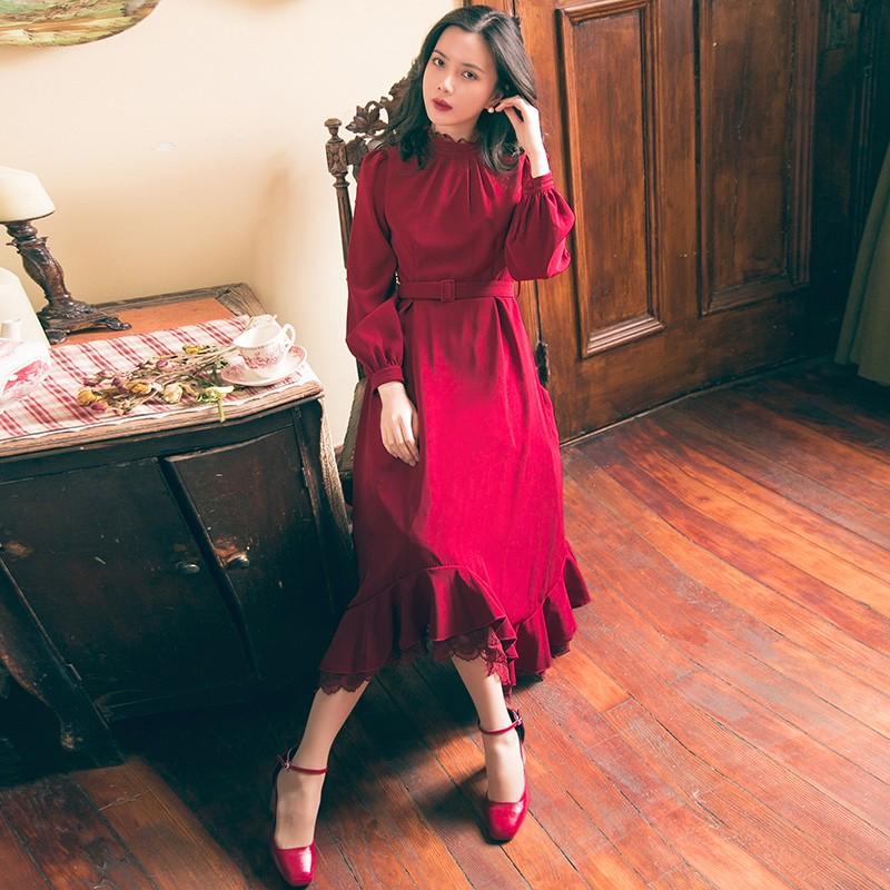 年間ランキング6年連続受賞 レトロ クラシック 衣装 役者 撮影会 バウンドコーデ コスプレ ビンテージ フレアロングワンピース 長袖 パフスリーブ 裾フリル フリルネック ベルト付き ワンピース サイズ L Www Buccella Com