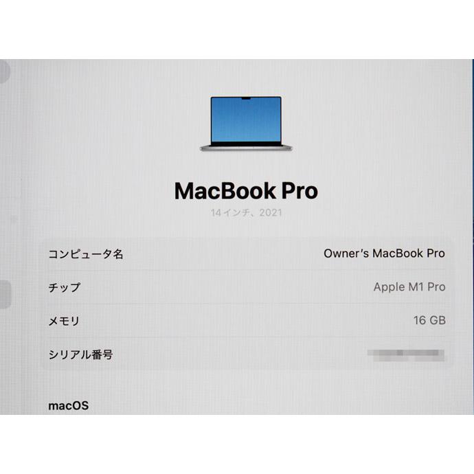 Apple Macbook Pro 14-inch,2021 MKGT3J/A A2442 シルバー M1 Pro 10コア搭載 メモリ 16GB SSD 1TB Cランク Z17H 中古の画像