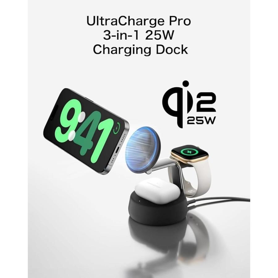 belkin WIZ040dqSD UltraCharge Pro Qi2 25W 3-in-1 マグネット式充電ドック サンド