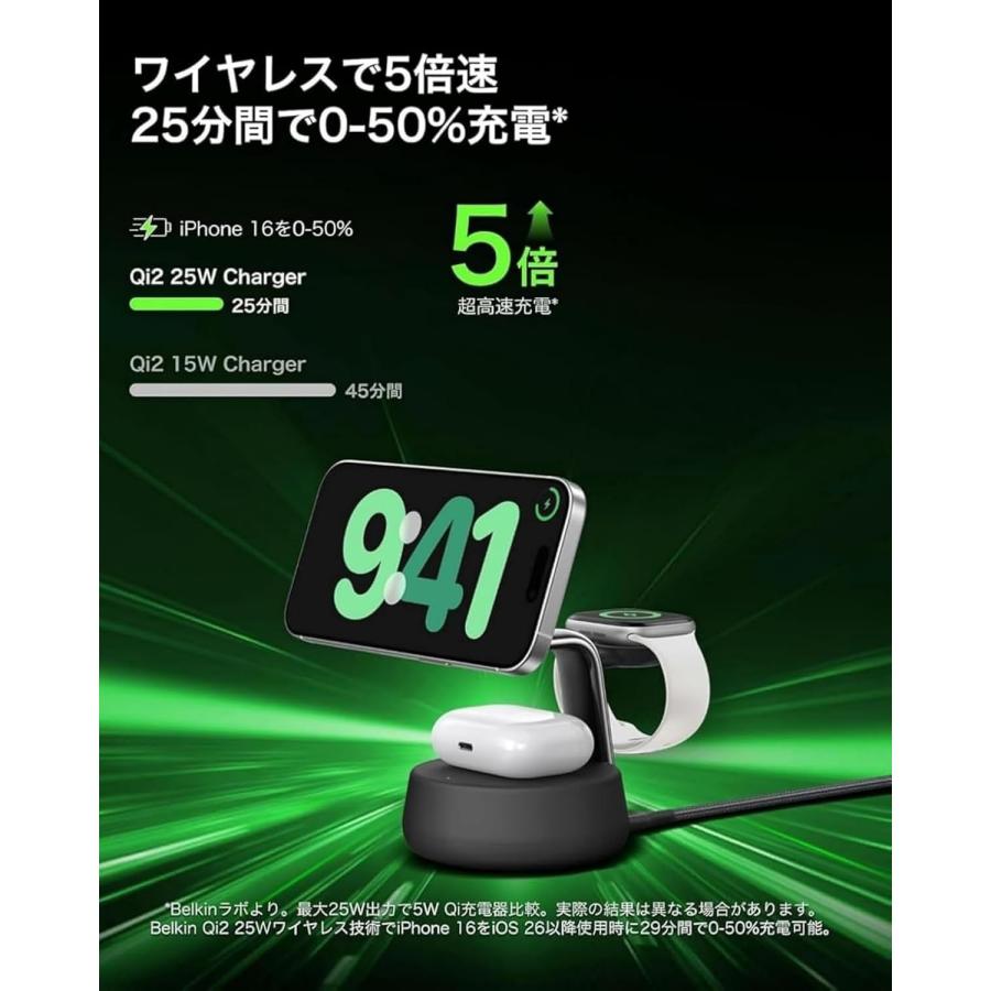 belkin WIZ040dqSD UltraCharge Pro Qi2 25W 3-in-1 マグネット式充電ドック サンド
