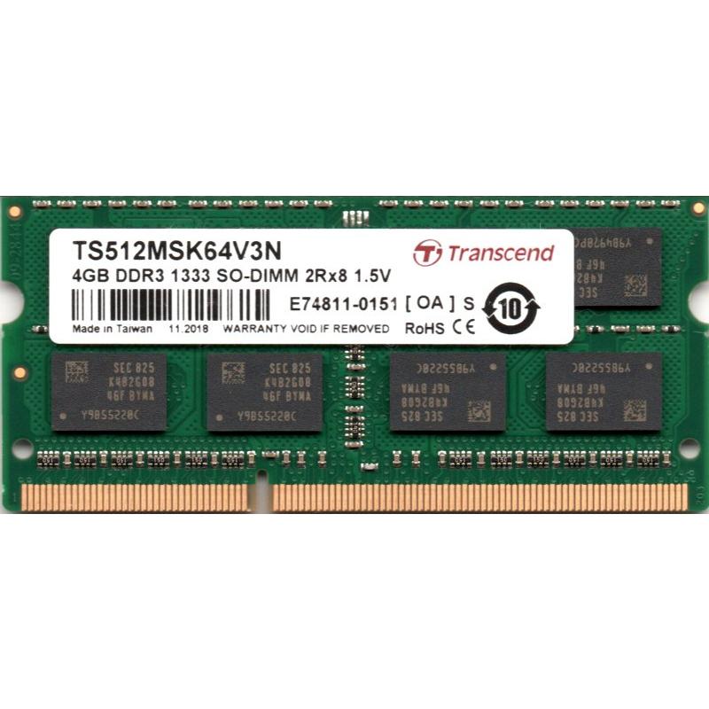 Transcend PC3-10600S (DDR3-1333) 4GB SO-DIMM 204pin ノートパソコン用メモリ  型番：TS512MSK64V3N 両面実装 (2Rx8) 動作保証品【中古】 :10600S-4Gx1-Transcend-2:電子部品商会 - 通販  - Yahoo!ショッピング