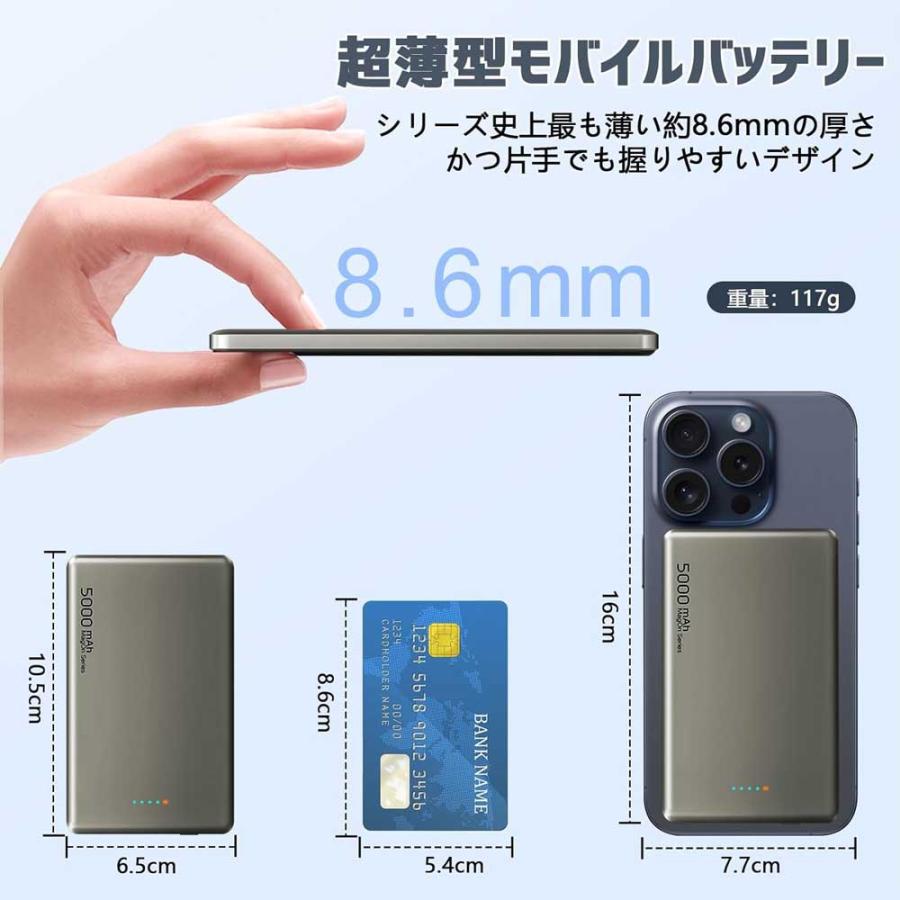 モバイルバッテリー 5000mAh】Magsafe 対応 マグネット式 厚さ8.6mm