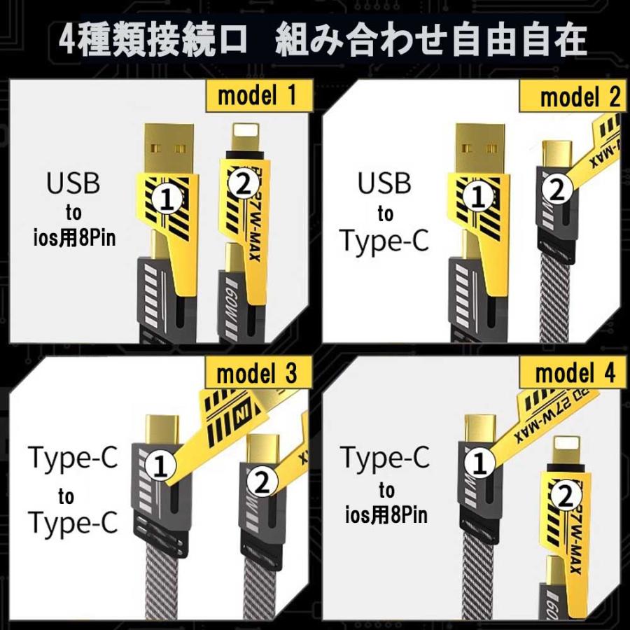 【4in1】1m Type -C USB充電ケーブル C to C/タイプC to 8Pin/USB A to USB C/USB A to 8Pin  1m 65w 27w 急速充電 PD対応【長さ：1m】
