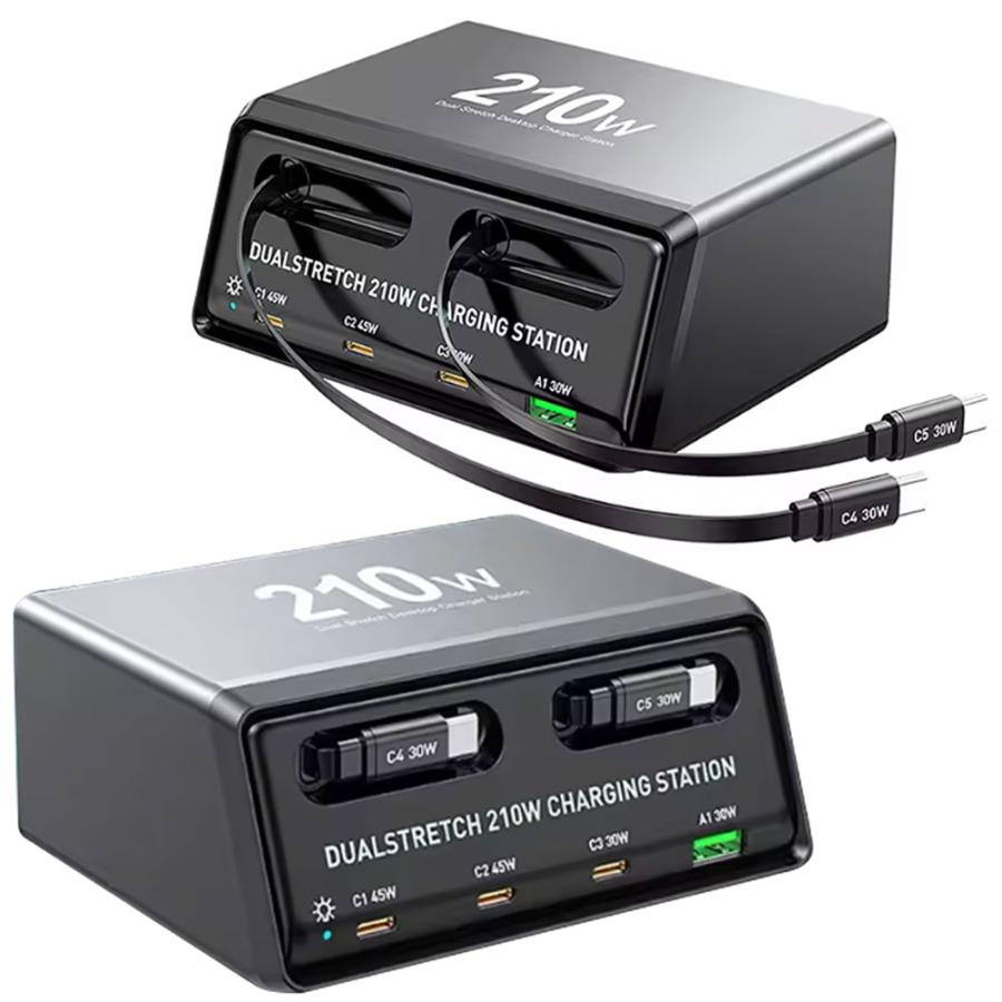 210W】デスク 充電ステーション 6-in-1 急速充電器 【2本の内蔵巻取り