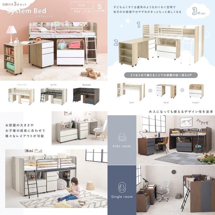 HAGIHARA [直送5]ミドルベッド・デスク・ワゴンの3点セット ベッド下活用 宮棚付きシステムベッド シングルサイズ RB-1642S-NA ナ_1