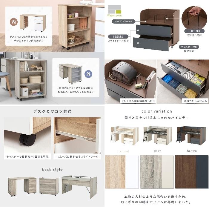 HAGIHARA [直送5]ミドルベッド・デスク・ワゴンの3点セット ベッド下活用 宮棚付きシステムベッド シングルサイズ RB-1642S-NA ナ_4