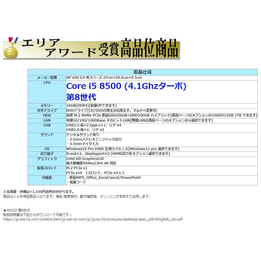 デスクトップパソコン 中古パソコン HP 第8世代 Core i5 メモリ16GB