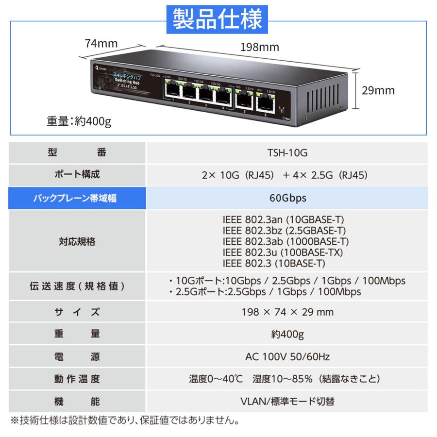 2026最新】TOKAIZ スイッチングハブ 6ポート アンマネージド 10ギガ×2