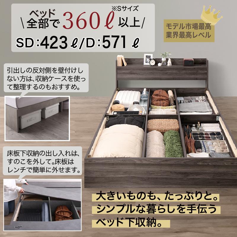 セミダブルベッド フレームのみ 引出し収納・棚・コンセント2個付